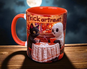 刺繍風ハロウィンマグカップ：黒猫、ゴースト、カボチャ