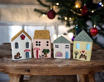 Handmade Miniature Clay House Set: Rustic Christmas Village Decor