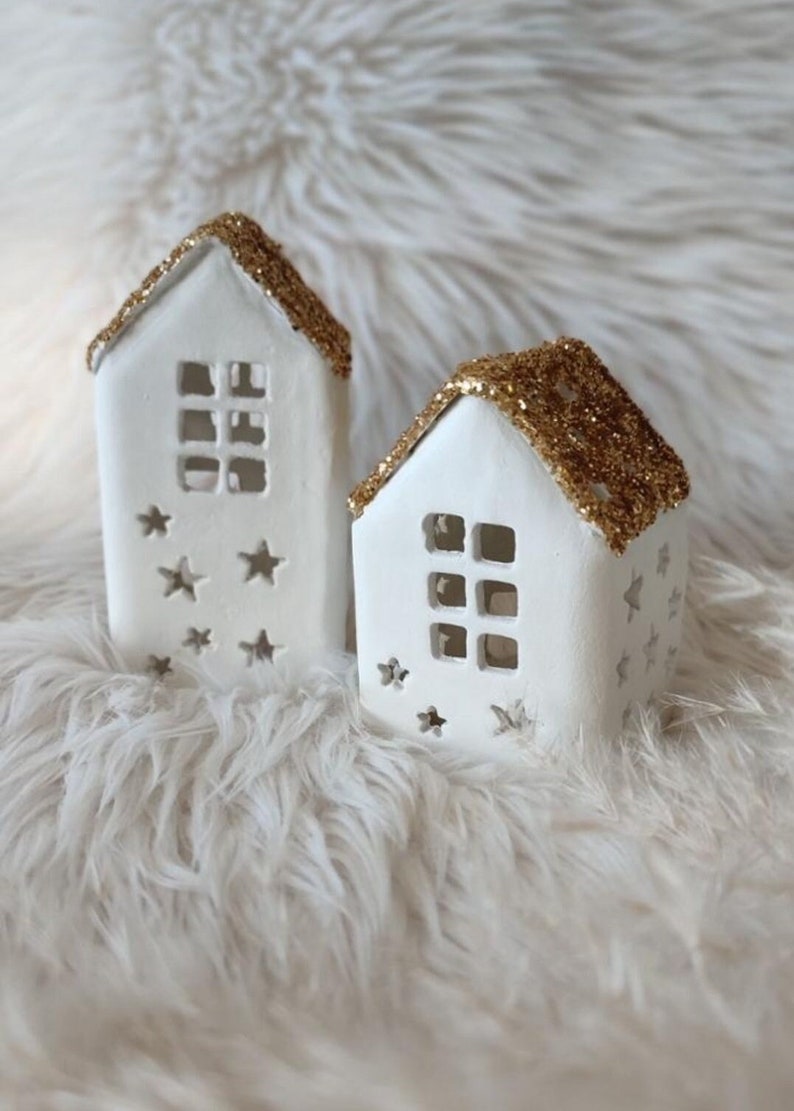 White Ceramic Christmas House, Set of 2, Miniature Ceramic Houses, Tea