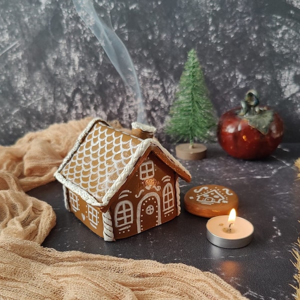 Ceramic House incense burner, Ceramic incense holder, Handmade Miniature Fantasy House, Fairy House, Christmas gifts, gingerbread house