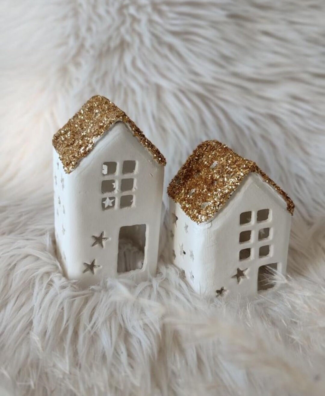 White Ceramic Christmas House, Set of 2, Miniature Ceramic Houses, Tea Light Houses, Ceramic