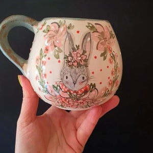 Rabbit coffee mug | Cozy teacups | Animal cappuccino ceramic mug | Cute rabbit pottery| Hand painted cup|  gift | wedding gift