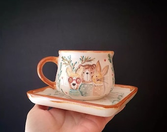 Best friend coffee mug | Cozy teacups | Animal cappuccino ceramic mug | Cute frog pottery| Hand painted cup|  gift | Ceramic Mug