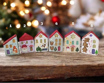 Set of 6 Miniature Christmas Clay Houses: Rustic Ceramic Village