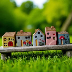 May include: A row of five miniature houses with varying colors and designs, including a yellow house with "tea" on it, a gray house with red flowers, and a pink house with a heart. They sit on a wooden bench against a blurred green background.