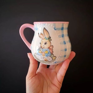 Koffiemok konijn | Gezellige theekopjes | Cappuccino-mok met dierenprint | Schattig konijnenaardewerk| Handgeschilderde beker|  cadeau | huwelijkscadeau