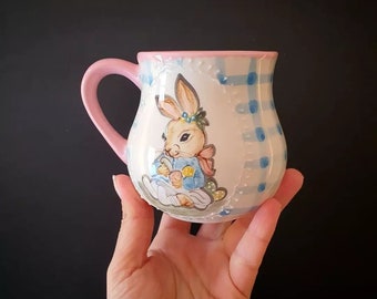 Rabbit coffee mug | Cozy teacups | Animal cappuccino ceramic mug | Cute rabbit pottery| Hand painted cup|  gift | wedding gift