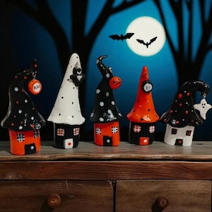 Sets of 5 Halloween Theme Miniature Ceramic Houses- Witch Hat-Halloween Decor, Autumn Decor, Halloween Home, Ghost House, Bat House.