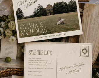 Invito Save the Date modificabile / Cartolina vintage / Design editoriale / Modello Canva / Download digitale