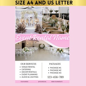 May include: A pink and white flyer with the text "Event Rental Name" in a white banner with a pink wave. The flyer advertises event rental services such as venue rental, catering, decor rentals, event planning, and audio and lighting. The flyer also includes a phone number and website address.