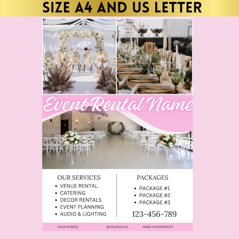 May include: A pink and white flyer with the text "Event Rental Name" in a white banner with a pink wave. The flyer advertises event rental services such as venue rental, catering, decor rentals, event planning, and audio and lighting. The flyer also includes a phone number and website address.