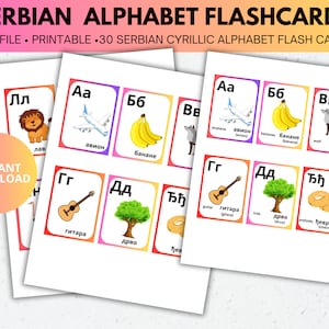 May include: A set of printable Serbian alphabet flashcards featuring colorful illustrations and Cyrillic letters. The flashcards include images of an airplane, bananas, a wolf, a guitar, a tree, and a bagel.