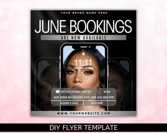 Folheto de reserva de junho DIY, folheto de compromissos de livros de junho disponível, folheto de reservas de junho, folheto de verão, cabelo, unhas, MUA, cílios, tranças
