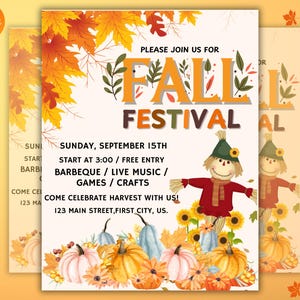 Fall Festival Flyer, Fall Fest invitation Flyer, fall Harvest Festival Flyer, Autumn Harvest School Fundraiser Event, Canva