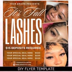Puede incluir: Un folleto promocional con temática otoñal, con el texto "It's Fall LASHES" en blanco sobre un fondo marrón. El folleto incluye imágenes de tres mujeres con largas pestañas y el texto "$15 DEPOSITE REQUIRED".