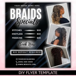 Può includere: Un volantino in bianco e nero che pubblicizza offerte speciali su trecce. Il volantino presenta tre foto di donne con diversi stili di trecce. Il testo sul volantino recita "Braids Specials", "Stitches 00€", "Knotless 00€", "Feeds Ins 00€", "Prenota ora", "Deposito di 20€ richiesto", "YOURSOCIALMEDIA", "(000) 000-0000", "WWW.WEBSITE.COM" e "Modello di volantino fai-da-te".