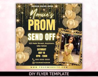 May include: A black and gold flyer with a photo of a person in a gold dress. The flyer says "Manie's Prom Send Off" and includes the date, time, and location of the event. It also includes a phone number and Instagram handle.