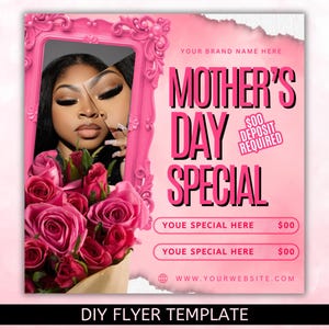 Könnte beinhalten: Ein rosa Flyer mit einem zerrissenen Randdesign, der ein Muttertags-Spezial bewirbt. Der Flyer zeigt einen rosa Rahmen mit dem Spiegelbild einer Frau. Der Text lautet "YOUR BRAND NAME HERE", "MOTHER'S DAY SPECIAL", "00€ ANZAHLUNG ERFORDERLICH", "YOUE SPECIAL HERE 00€", "YOUE SPECIAL HERE 00€" und "WWW.YOURWEBSITE.COM".
