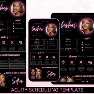 May include: A black and pink digital template for scheduling appointments for lash services. The template features a neon pink sign that says "lashes by Kitoka" and includes information about hours, location, contact information, booking policies, and a section for selfies.
