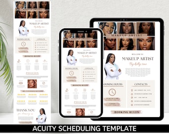 Pode incluir: Um modelo digital para uma maquiadora, exibido em um tablet, telefone e impressão. O design apresenta fotos, informações de reserva e o texto "MAKEUP ARTIST By Kelly Sine" em uma paleta de cores neutras.