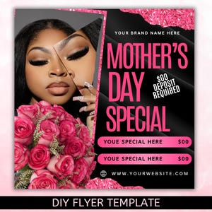Flyer speciale Moederdagaanbieding, Moederdagboekingen Afspraken beschikbaar Flyer, speciale flyer mei, haar, nagels, MUA, wimpers, vlechten