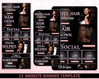 DIY Web Banners Set, 12 Website Banners Beauty Artist Hair Nails Boutique, Rose Gold and Black Website Banners, Shopify Web Canva, Editable