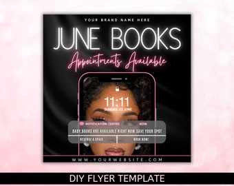 Folheto de reserva de junho DIY, folheto de compromissos de livros de junho disponível, folheto de reservas de junho, folheto de verão, cabelo, unhas, MUA, cílios, tranças