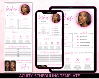 May include: A pink and white digital scheduling template for a lash business called "Lashes by Nikoa". The template includes contact information, booking policies, and a section for selfies.