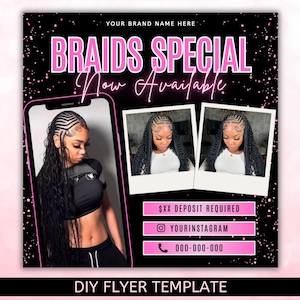 Braids Special Flyer, Braids Flyer, Braids Price List Flyer, braids Special Deal Flyer, Braids Hair Nails Lash MUA, canva Editable Template