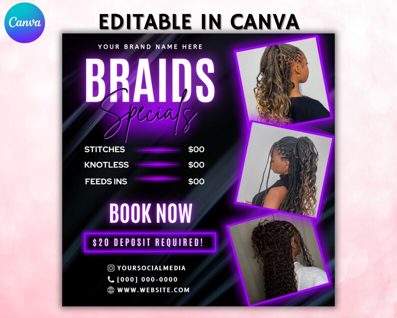 Braids Special Flyer, Braids Flyer, Braids Price List Flyer, braids Special Deal Flyer, Braids, Hair Flyer, canva Editable Template image 2