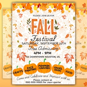 Fall Festival Flyer, Fall Fest invitation Flyer, fall Harvest Festival Flyer, Autumn Harvest School Fundraiser Event, Canva
