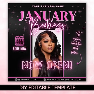DIY January Booking Flyer, Holiday Bookings Available, New year Booking Flyer,  DIY Flyer, Calendar Flyer, Hair, Nails, MUA, Lashes,Braids