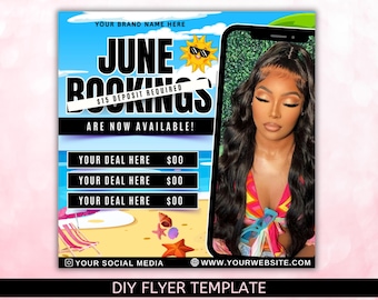 Flyer de reservas de junho, flyer de agendamentos disponíveis para junho, flyer de junho, flyer de verão, flyer de cabelo, unhas, maquiador, cílios, tranças, canva editável