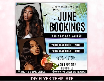 Flyer de reservas de junho, flyer de agendamentos disponíveis para junho, flyer de junho, flyer de verão, flyer de cabelo, unhas, maquiador, cílios, tranças, canva editável