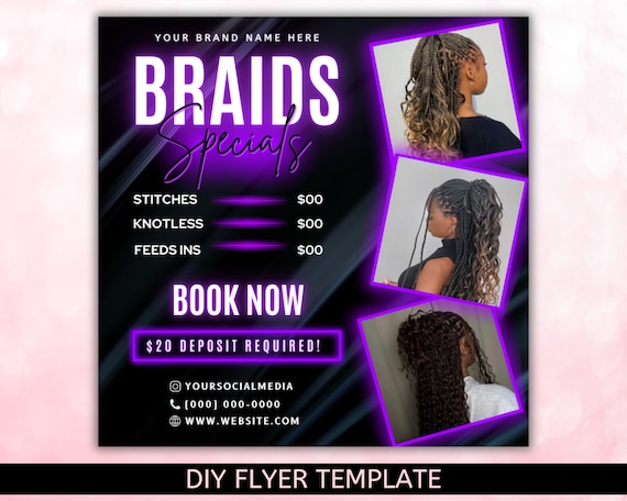 Braids Special Flyer, Braids Flyer, Braids Price List Flyer, braids Special Deal Flyer, Braids, Hair Flyer, canva Editable Template
