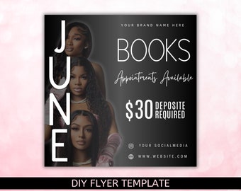 Folheto de reserva de junho DIY, folheto de compromissos de livros de junho disponível, folheto de reservas de junho, folheto de verão, cabelo, unhas, MUA, cílios, tranças