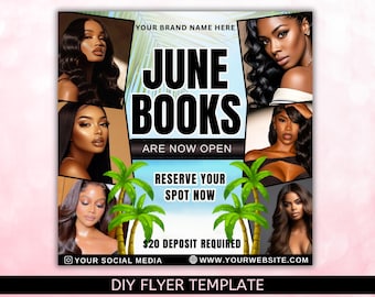 Flyer de reservas de junho, flyer de agendamentos disponíveis para junho, flyer de junho, flyer de verão, flyer de cabelo, unhas, maquiador, cílios, tranças, canva editável