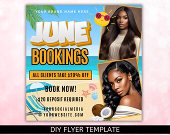 Flyer de reservas de junho, flyer de agendamentos disponíveis para junho, flyer de junho, flyer de verão, flyer de cabelo, unhas, maquiador, cílios, tranças, canva editável