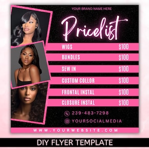 Hair Price List flyer, Hair Special Flyer, Hair Salon Wig Sale Price List Flyer, Hairstylist Wig Install Flyer, Hair Flyer, Canva Editable