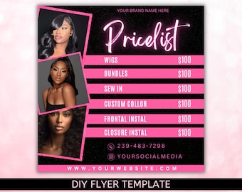Hair Price List flyer, Hair Special Flyer, Hair Salon Wig Sale Price List Flyer, Hairstylist Wig Install Flyer, Hair Flyer, Canva Editable