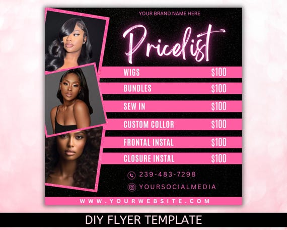Hair Price List flyer, Hair Special Flyer, Hair Salon Wig Sale Price List Flyer, Hairstylist Wig Install Flyer, Hair Flyer, Canva Editable