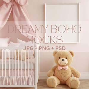 Baby Girl Nursery Mockup, Nursery White Frame Mockup Minimal Kids Room Interior Mockup, Instant Download