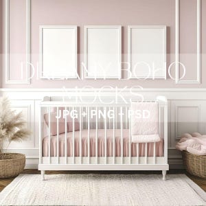 Pink Nursery Mockup, Girls Minimalist Mockup, Nursery 3 Frames Mockup Minimal Kids Room Interior Mockup, Instant Download