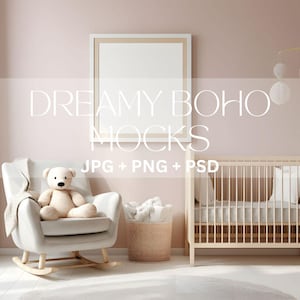 Boho Baby Girl Nursery Mockup, Nursery White Frame Mockup Minimal Kids Room Interior Mockup, Instant Download