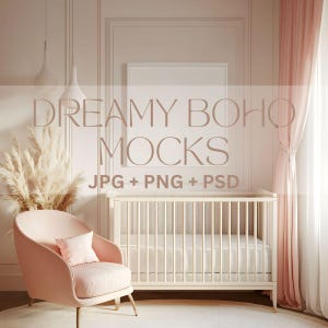 Boho Baby Girl Nursery Mockup, Nursery White Frame Mockup Minimal Kids Room Interior Mockup, Instant Download