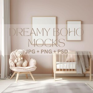 Pink Nursery Minimalist Mockup, Nursery 2 Wood Frames Mockup Minimal Kids Room Interior Mockup, Instant Download
