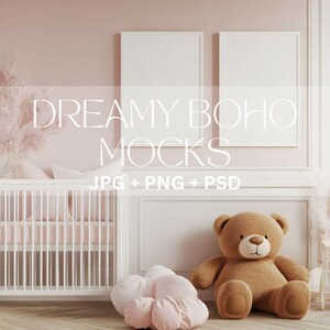 Baby Girl Nursery Mockup, Nursery 2 White Frames Mockup Minimal Kids Room Interior Mockup, Instant Download