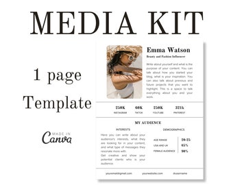 1 Seite Media Kit Canva Template | Über mich | Instagram Facebook TikTok Youtube Anhänger | Zielgruppen-Interessen und Demografie | Kontaktieren