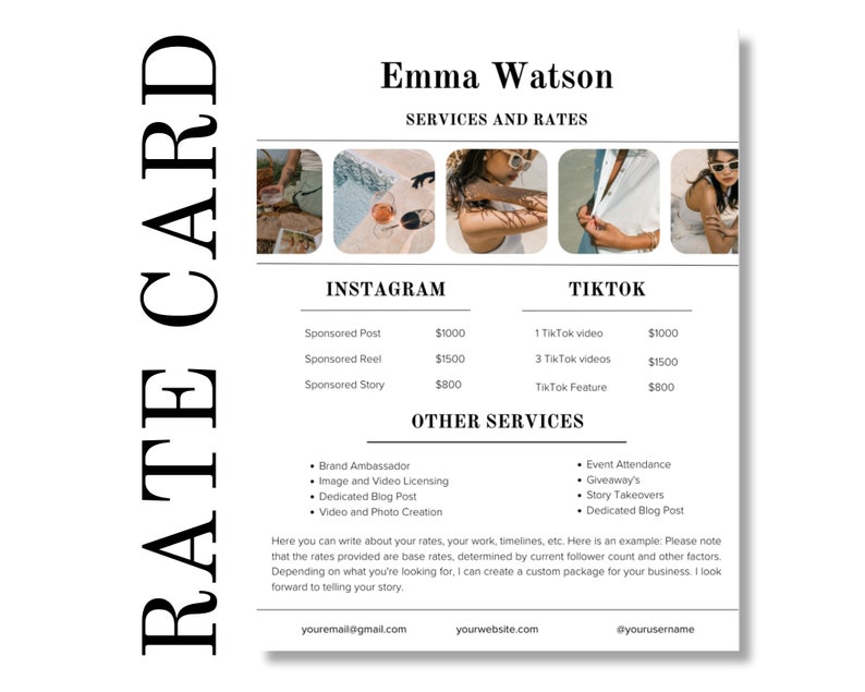 K&ouml;nnte beinhalten: Eine schwarz-wei&szlig;e Preisliste f&uuml;r die Dienstleistungen und Preise von Emma Watson. Die Karte listet Preise f&uuml;r Instagram- und TikTok-Dienste auf, darunter gesponserte Beitr&auml;ge, Reels, Stories und Videos. Au&szlig;erdem werden weitere Dienstleistungen wie Markenbotschafter, Bild- und Videorechte, dedizierte Blogbeitr&auml;ge sowie Video- und Fotoproduktion aufgef&uuml;hrt. Die Karte enth&auml;lt Kontaktinformationen f&uuml;r E-Mail, Website und soziale Medien.