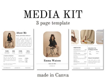 3-seitiges Media Kit Canva Template | Über mich Instagram Facebook TikTok | Youtube Zielgruppen-Interessen, Demografie | Zusammenarbeiten | Preisliste